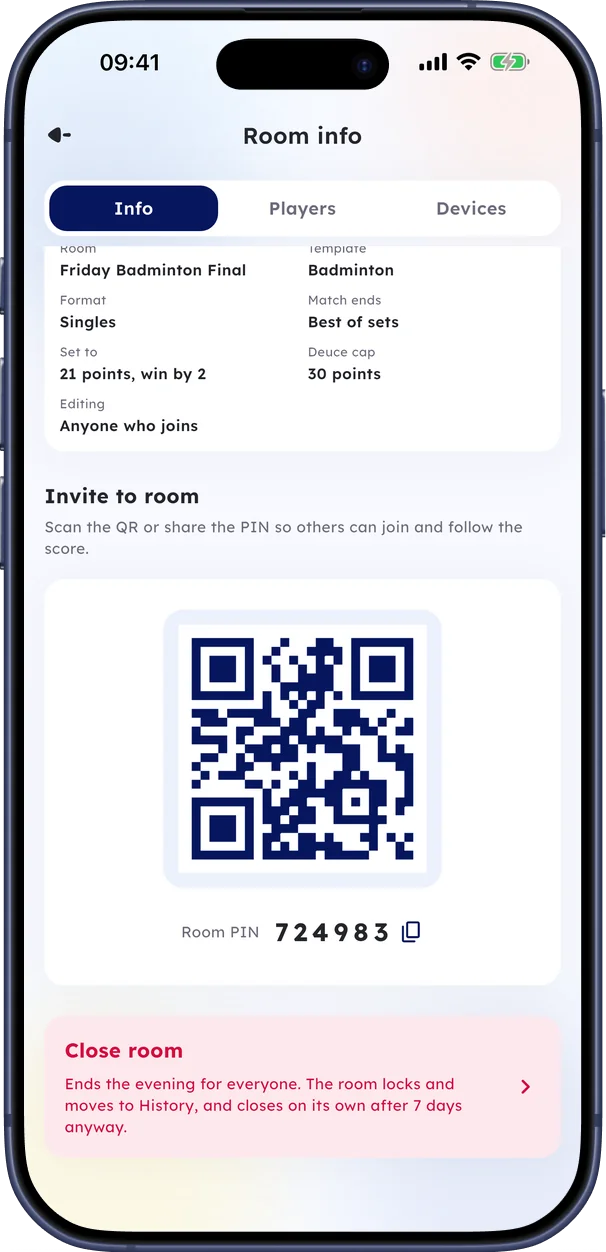 Room invite screen with a QR code and six-digit PIN